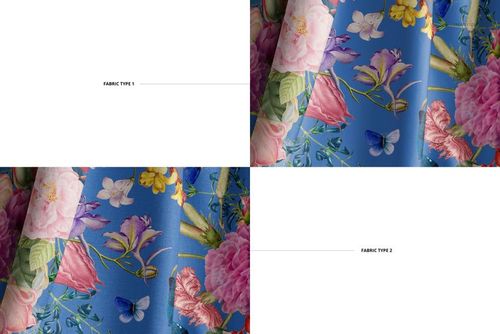 Draped fabric mockup featuring two fabric types with a vibrant floral and butterfly pattern on a blue background.