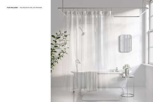 Front view of a modern bathroom mockup featuring a translucent shower curtain, white tub, mirror, and window.