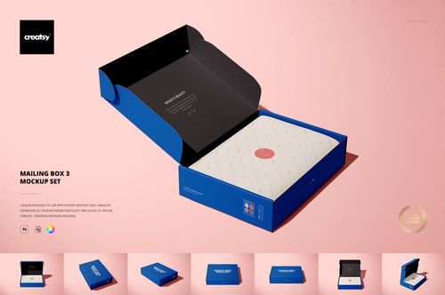Open mailing box mockup with blue exterior and black lid, displaying white inner packaging on a pale pink surface.