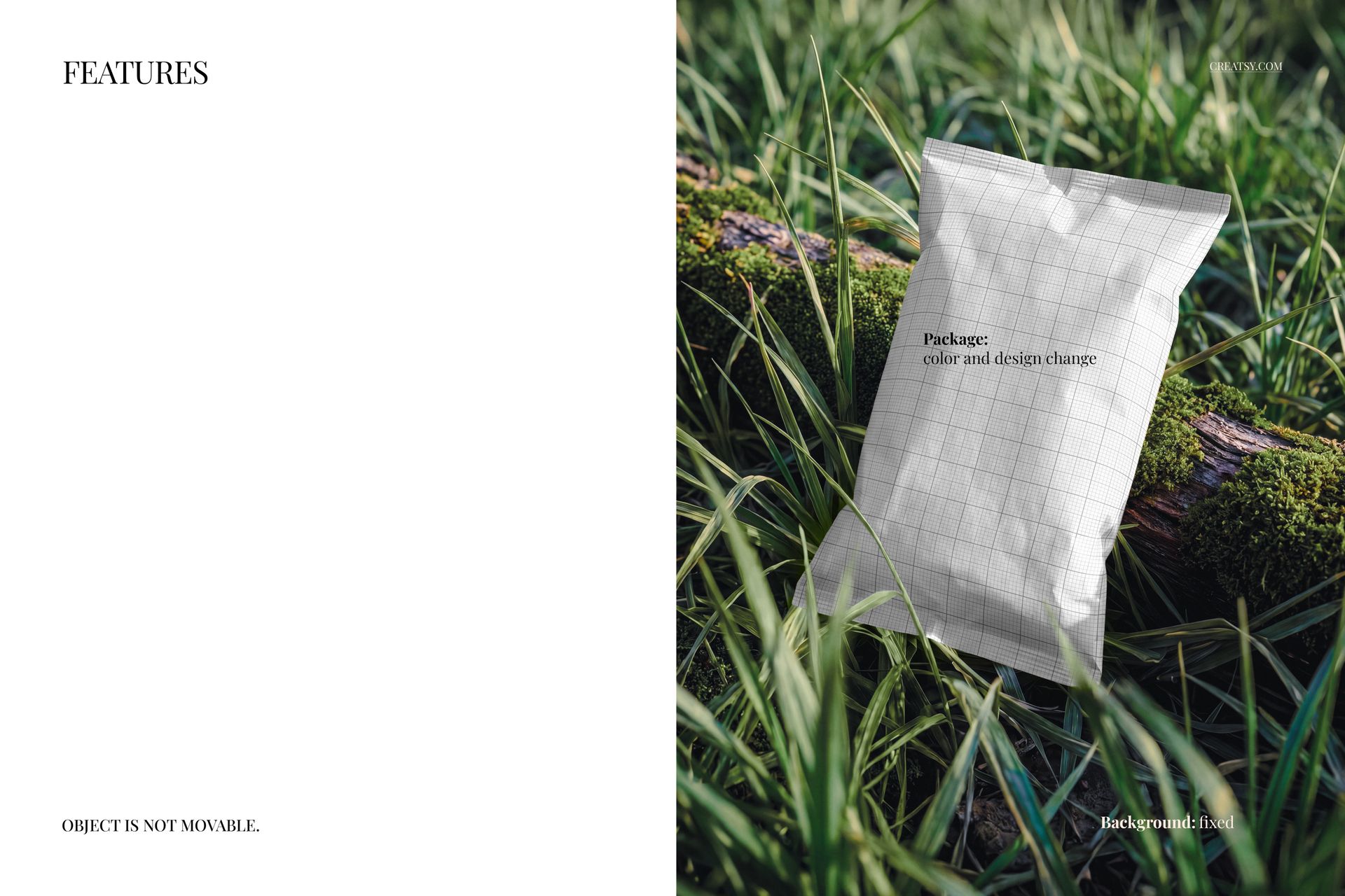 Paper chips bag with a grid pattern resting on a mossy log surrounded by green grass, front view mockup.