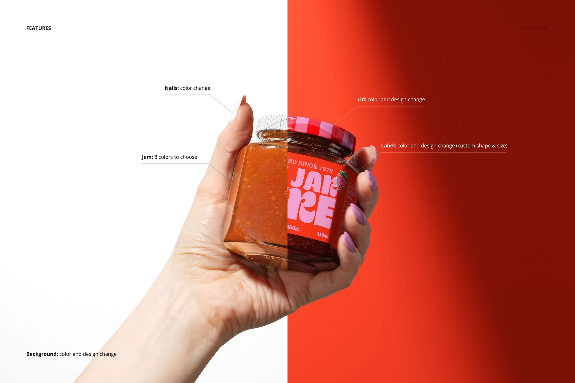 Jam jar mockup in hand, featuring orange jam, customizable red lid and label, with background divided into white and red.