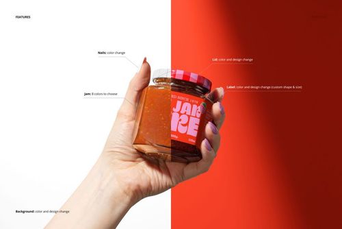 Jam jar mockup in hand, featuring orange jam, customizable red lid and label, with background divided into white and red.