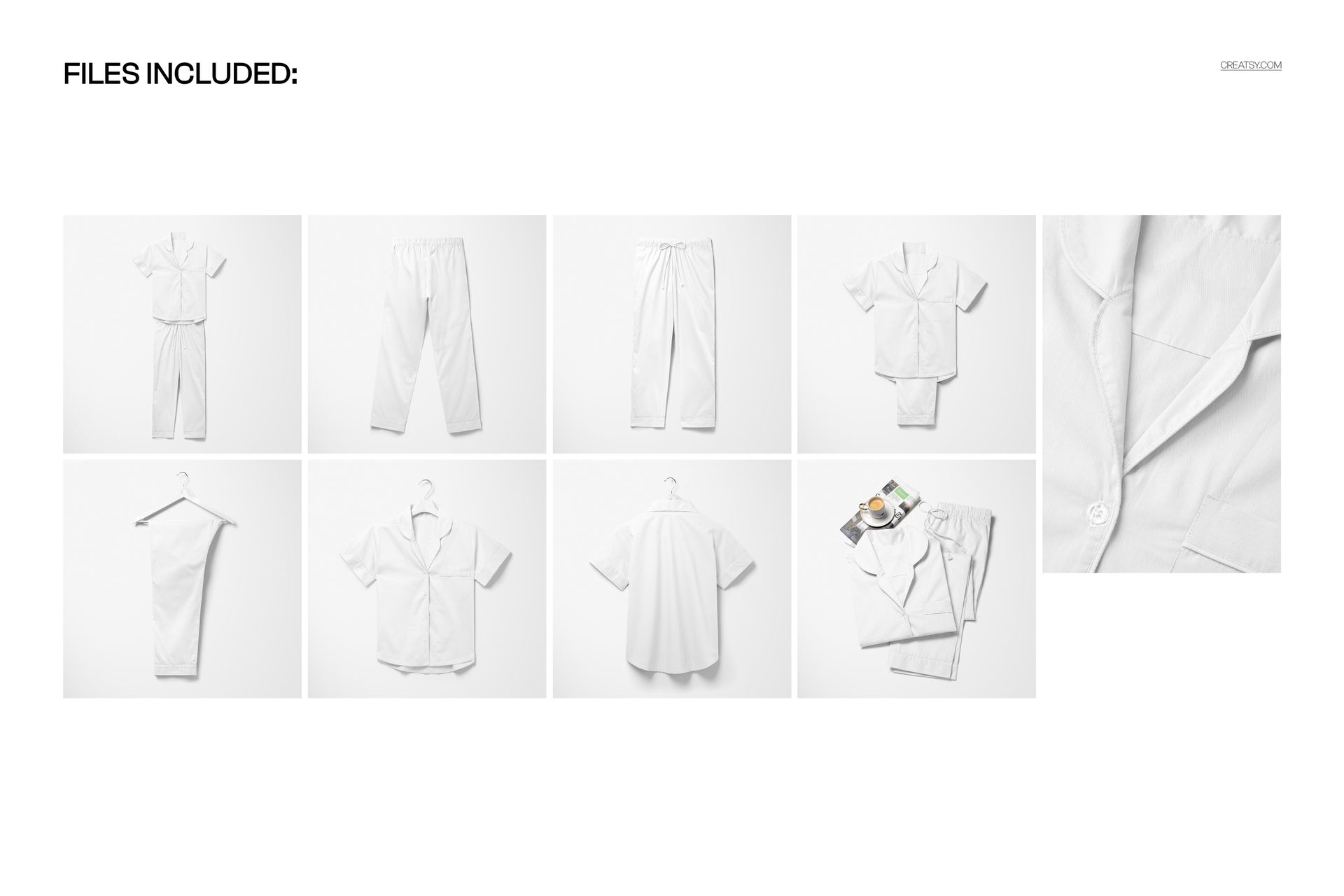 Short-sleeve pajama set with pants mockup displayed in nine views, including close-ups and hanging options.