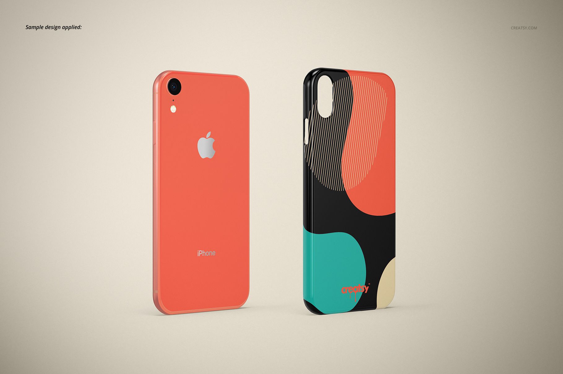 Front and back view of a glossy iPhone XR case mockup, featuring bold abstract shapes in orange, teal, and black.