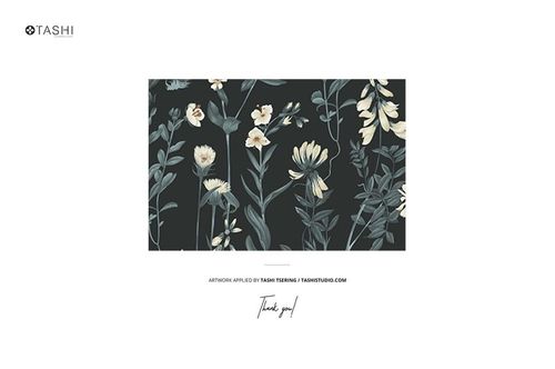 Front view of a jersey fabric mockup featuring a dark background with light floral pattern and botanical elements.