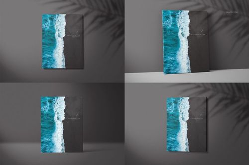 Four thick canvas prints in a PSD mockup set, each shown with a blue ocean wave design, front and angled views.