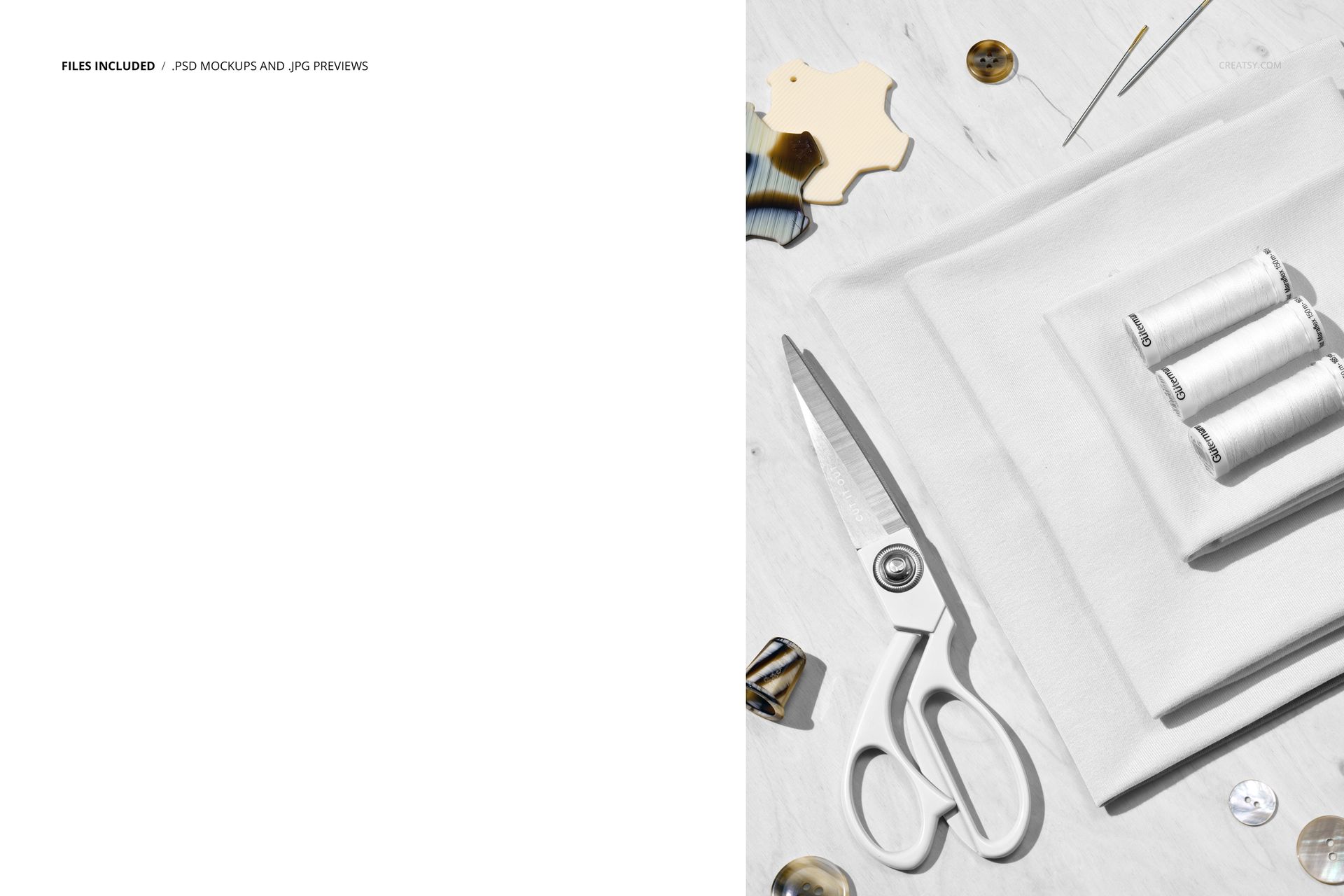 Folded white jersey fabric pile arranged with sewing scissors, spools of thread, needles, and buttons in a PSD mockup scene.