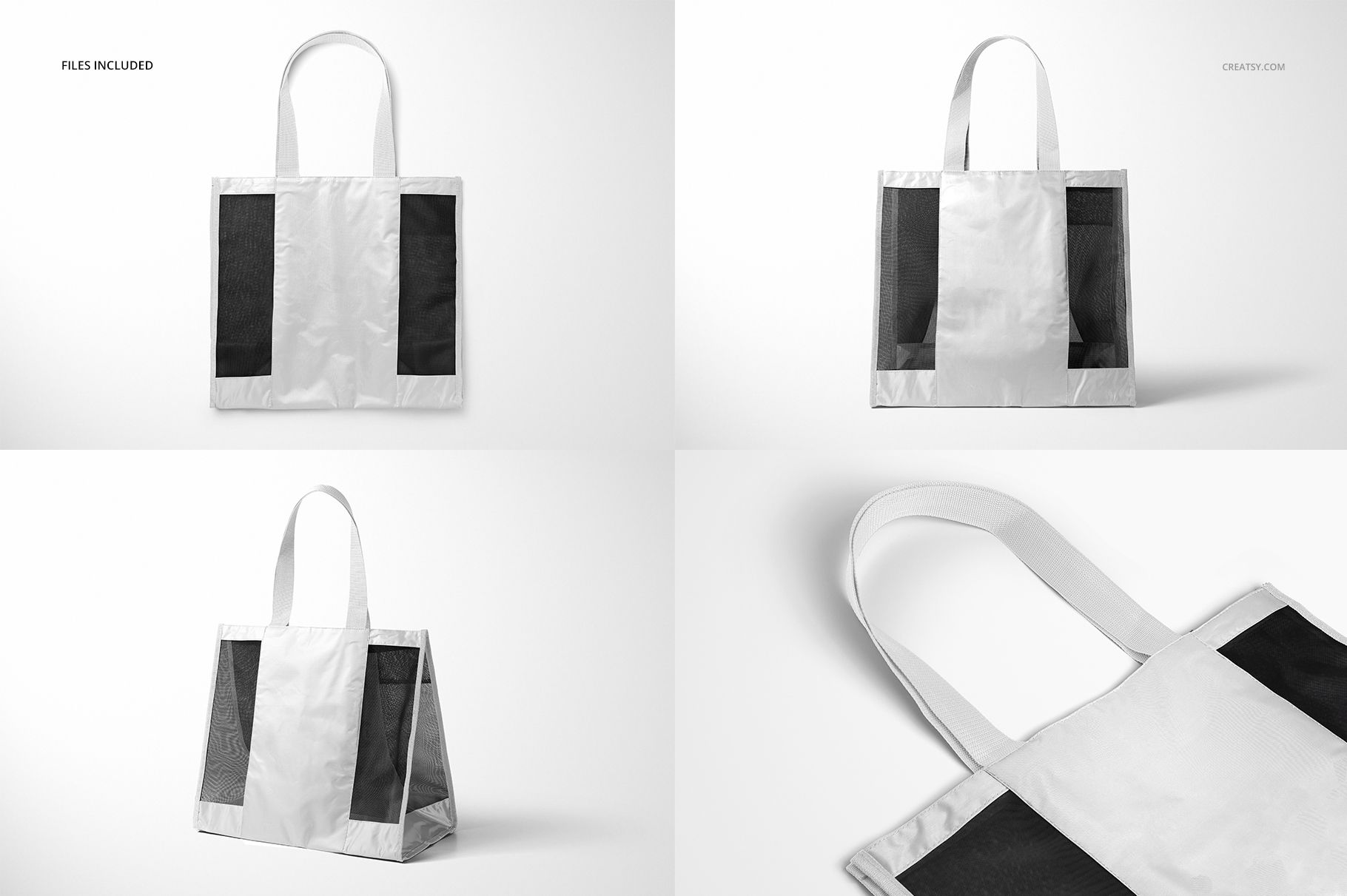 Mesh shopping tote bag mockup set showing four views of a rectangular bag with black mesh panels and white handles.