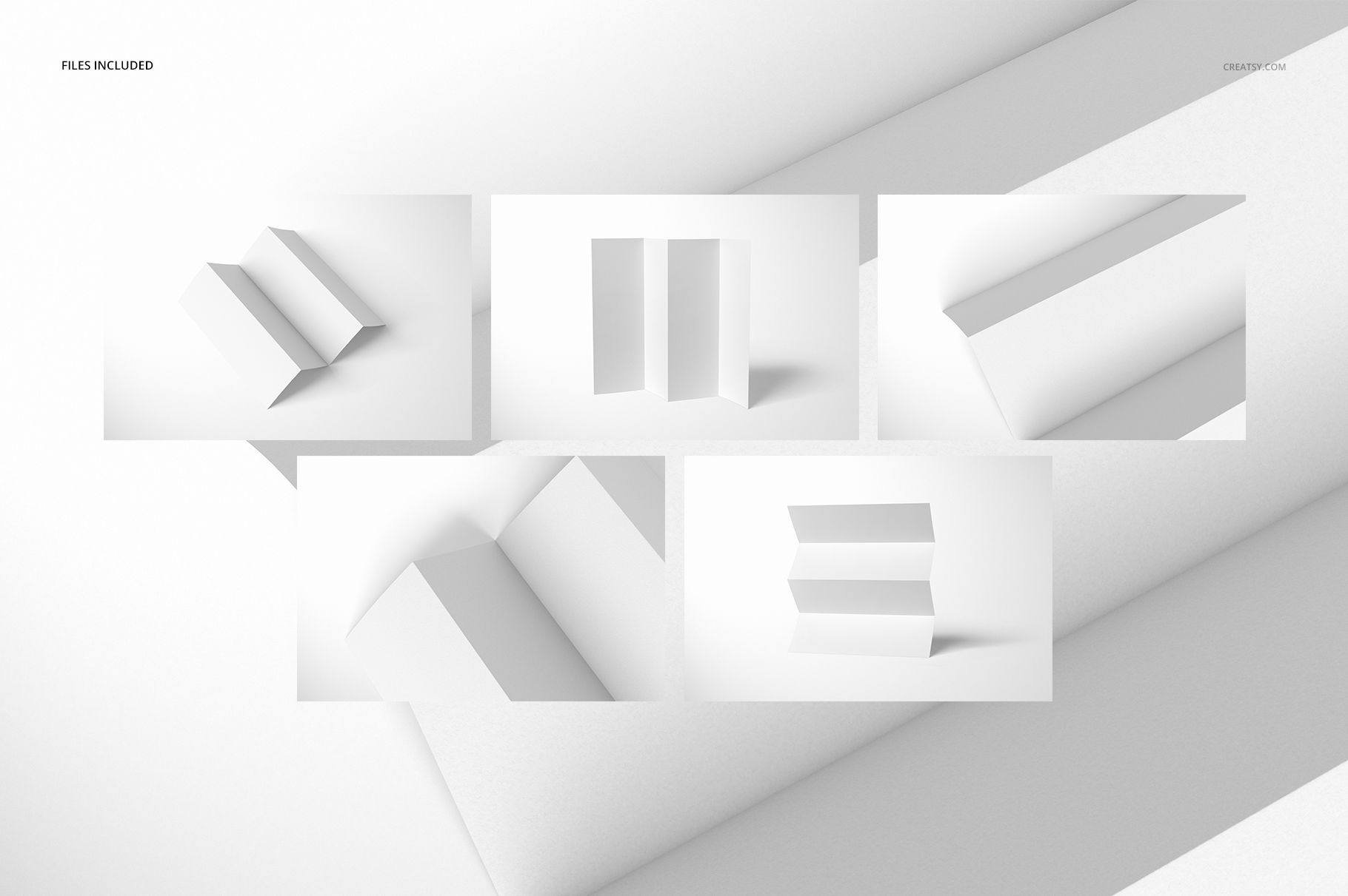 Five white pamphlet mockups displayed on a light background, showing various folding styles and shadows.