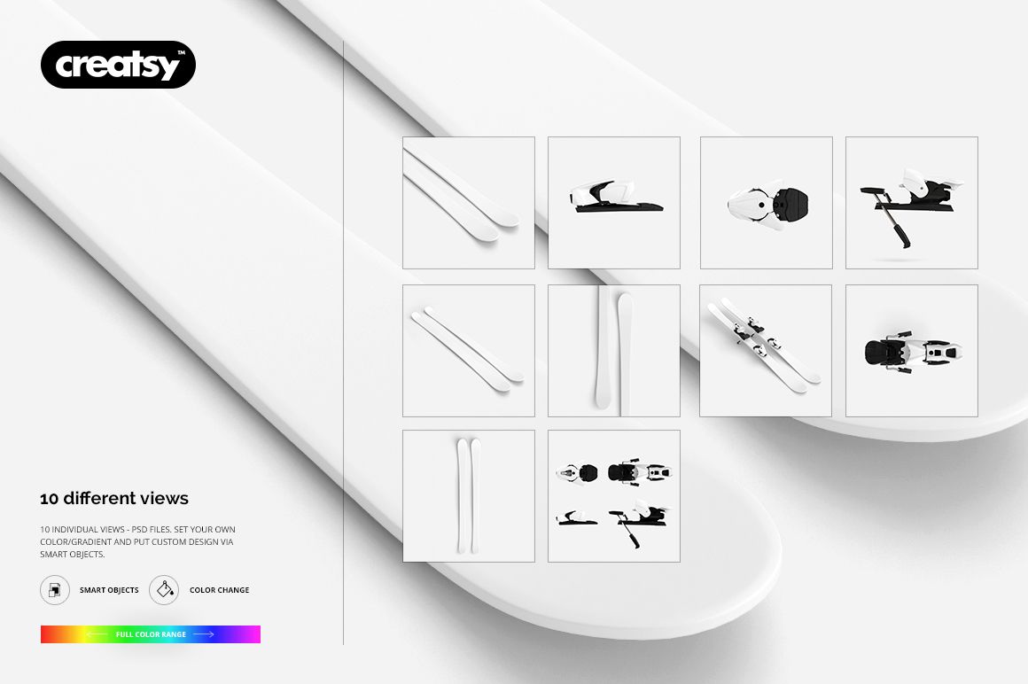 White ski equipment mockup set displayed from various angles, including close-ups and top views on a light background.