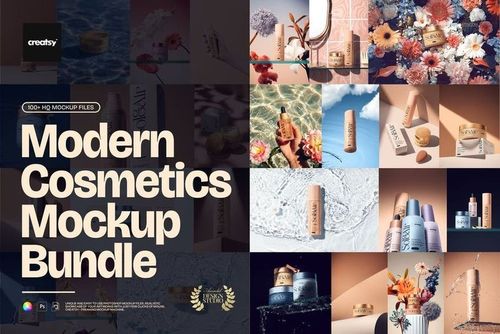 Collage of modern cosmetic packaging mockups including cream jars, bottles, tubes, and boxes in various settings.