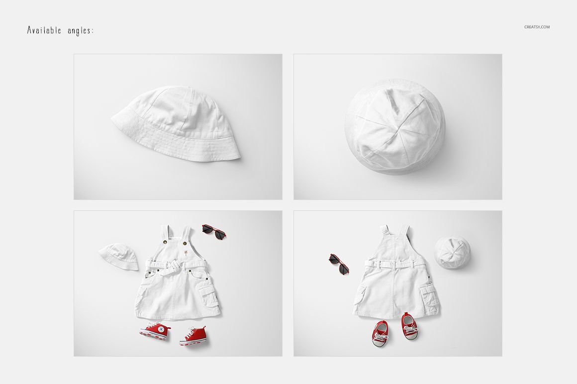 White baby dress and hat mockup set displayed from different angles, with matching shoes and sunglasses on a white background.