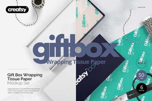 Gift box wrapping tissue paper mockup set displayed with boxes, tissue sheets in teal and white, and ribbon spool.