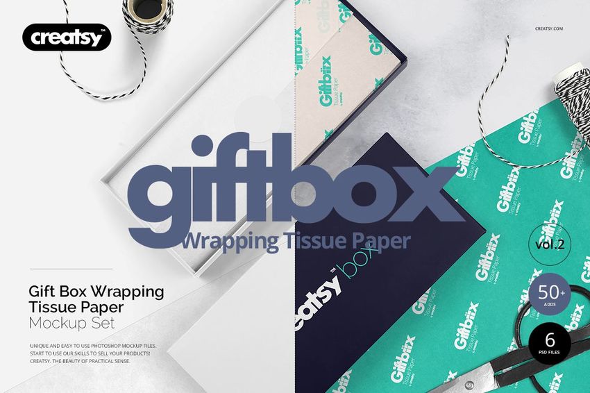 Gift box wrapping tissue paper mockup set displayed with boxes, tissue sheets in teal and white, and ribbon spool.