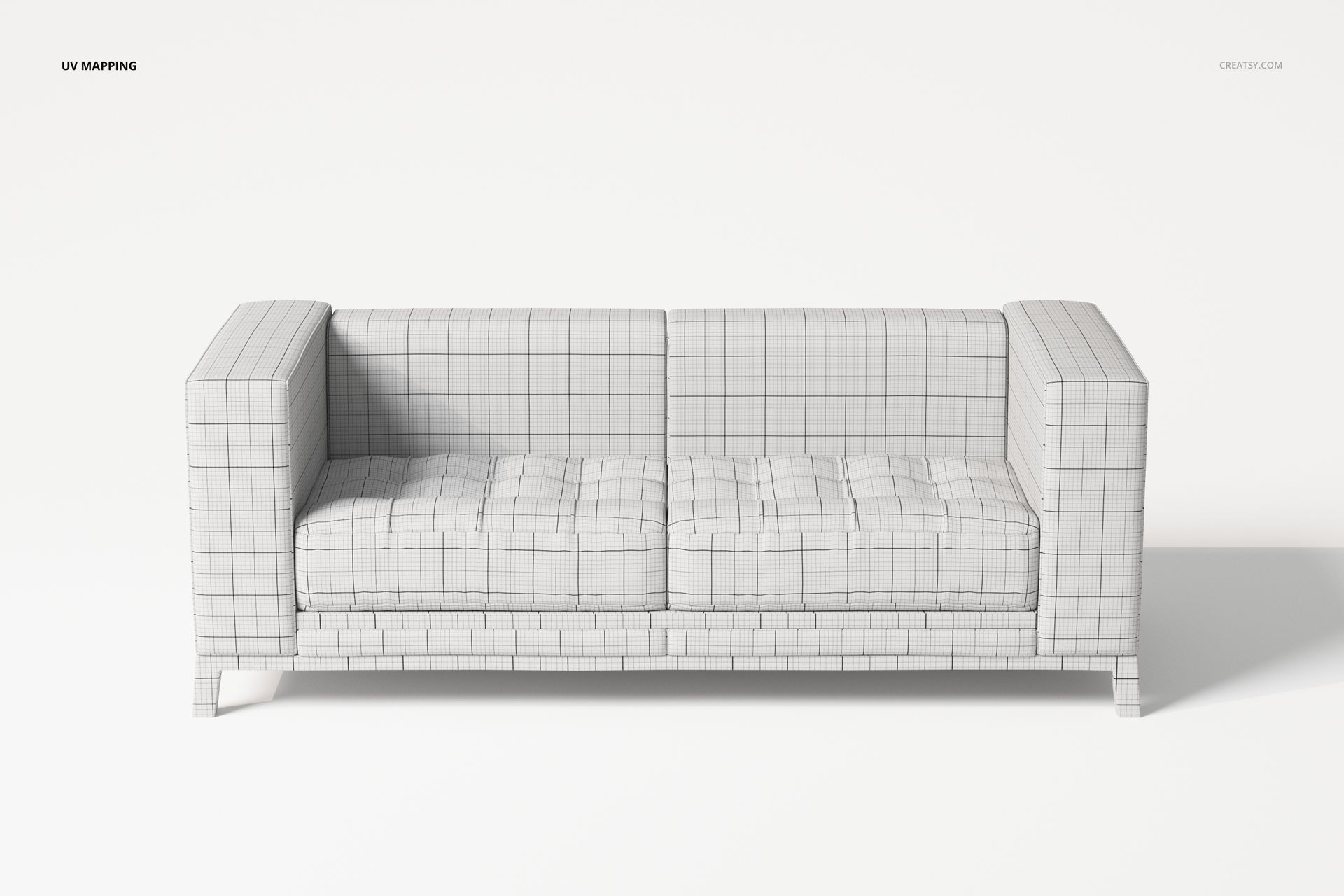 Front view of a modular sofa 3D model with grid pattern, boxy shape, and light gray color on a plain background.