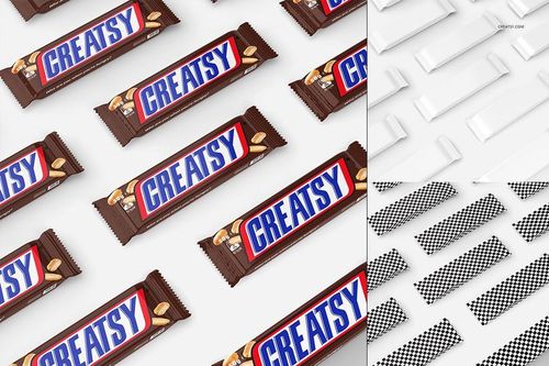 Chocolate bar packaging mockup set with multiple bars arranged diagonally, featuring bold colored wrappers and nuts.