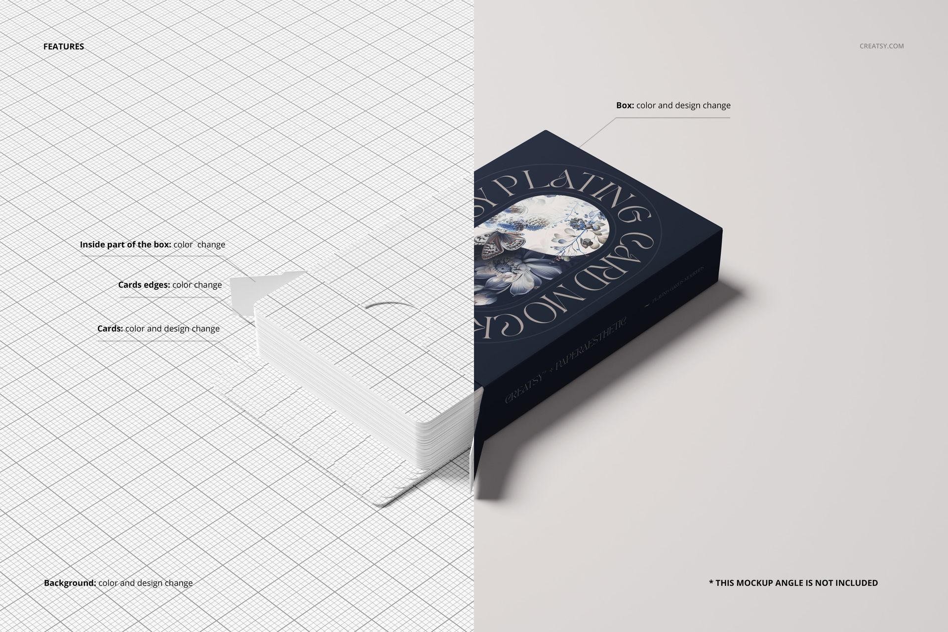 PSD mockup showing a stack of white playing cards on a grid background beside a dark blue card box with illustrated design.