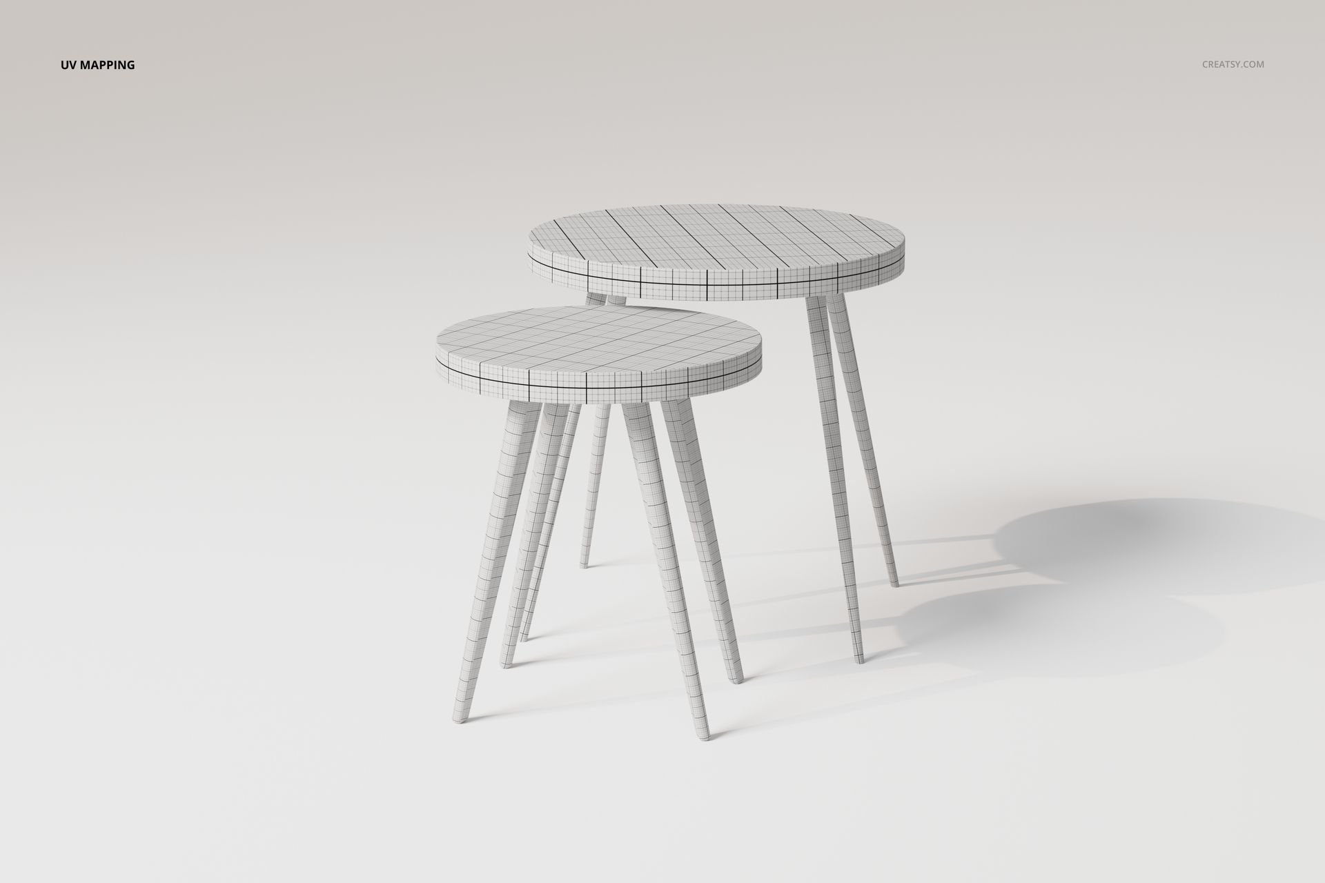 Two round nesting tables with wireframe texture, shown from a front angle on a plain light background.