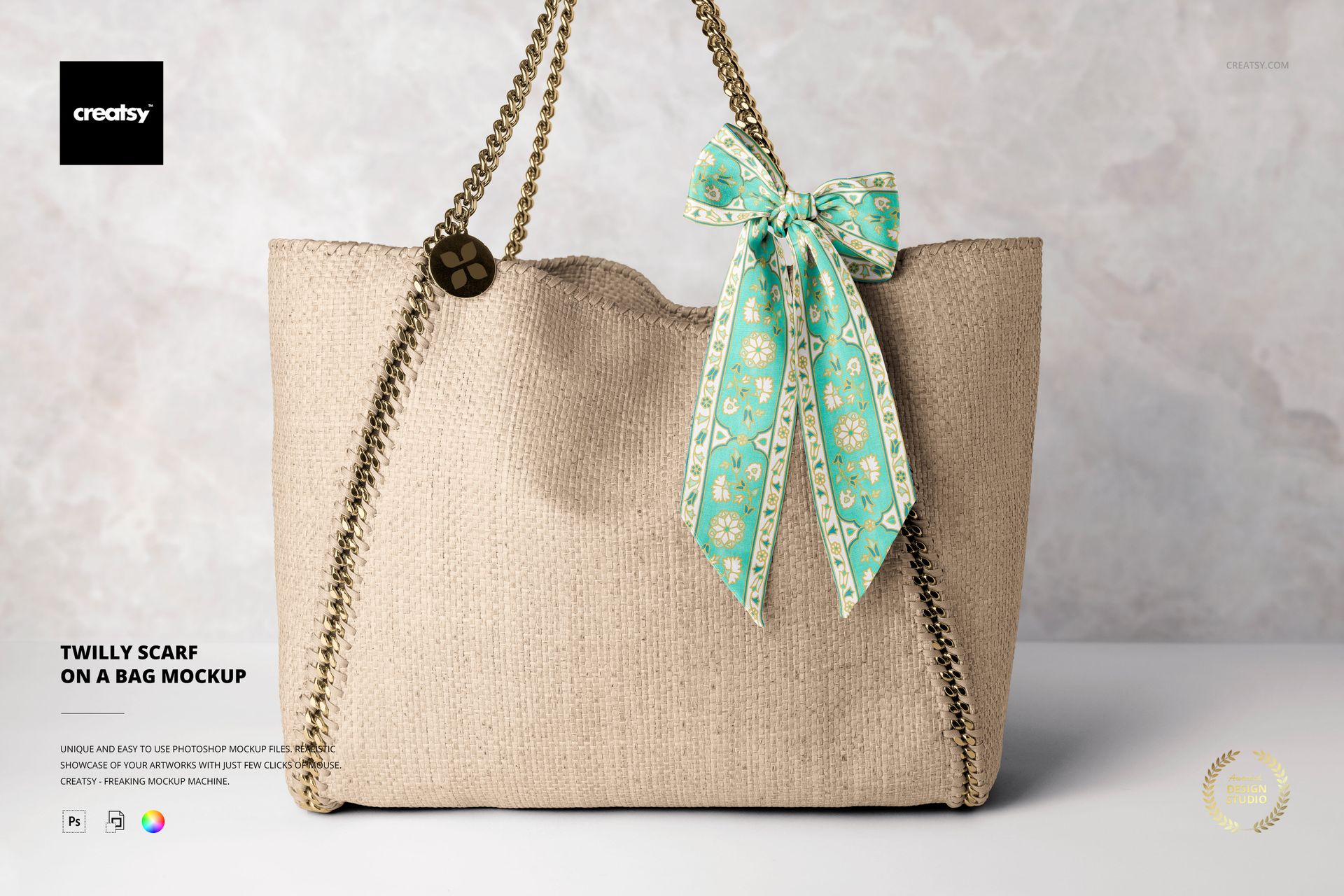 Front view of a beige textured tote bag featuring a green twilly scarf tied to the handle, PSD mockup scene.