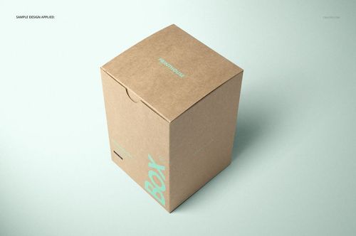 Kraft paper tuck top gift box mockup shown from a high front angle, featuring subtle printed text details.