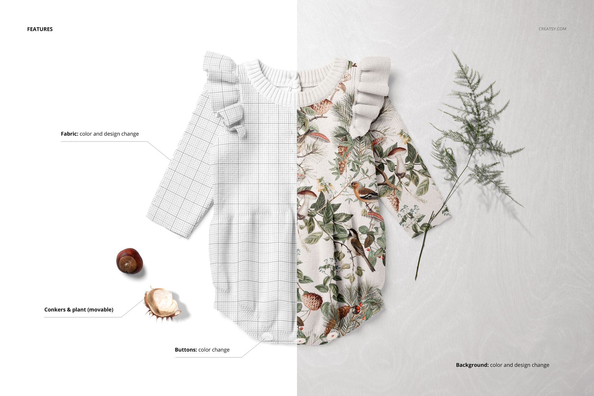 Front view of a knitted baby romper mockup, half shown with grid lines and half with a nature-inspired bird and leaf pattern.