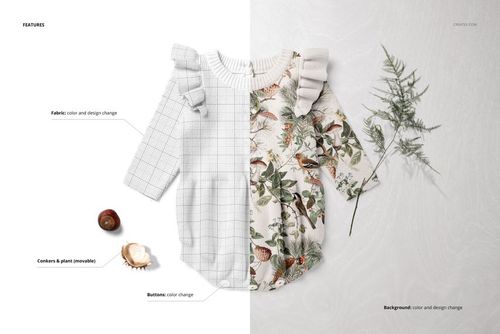 Front view of a knitted baby romper mockup, half shown with grid lines and half with a nature-inspired bird and leaf pattern.