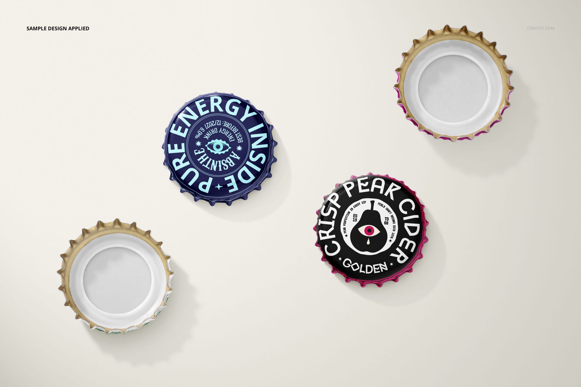 Bottle cap mockup featuring a top view of four caps, two with bold branding graphics and two showing plain interiors.