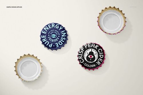 Bottle cap mockup featuring a top view of four caps, two with bold branding graphics and two showing plain interiors.