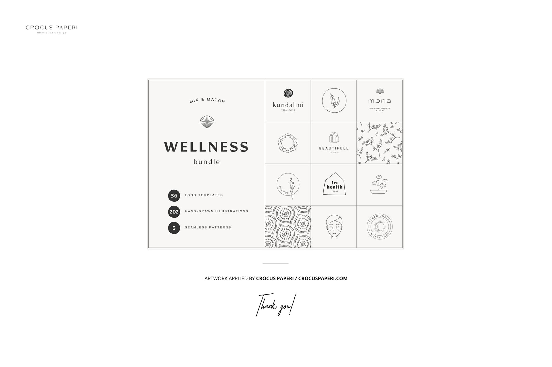 Gift card mockup featuring a rectangular card with minimalist black and white design elements and wellness-themed icons.