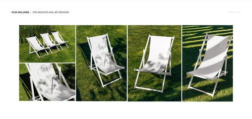 Outdoor folding deck chairs with white fabric and wooden frames arranged on green grass in sunlight, mockup scene.