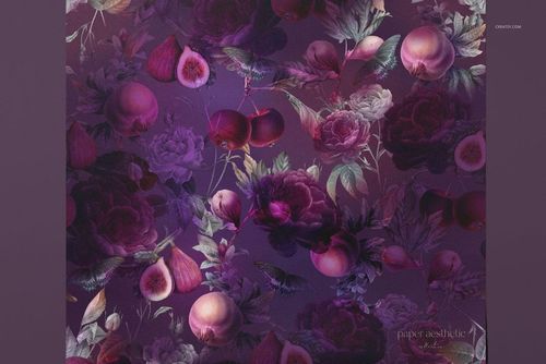 Front view of non-woven vinyl wallpaper mockup featuring a rich floral and fruit pattern in purple tones.