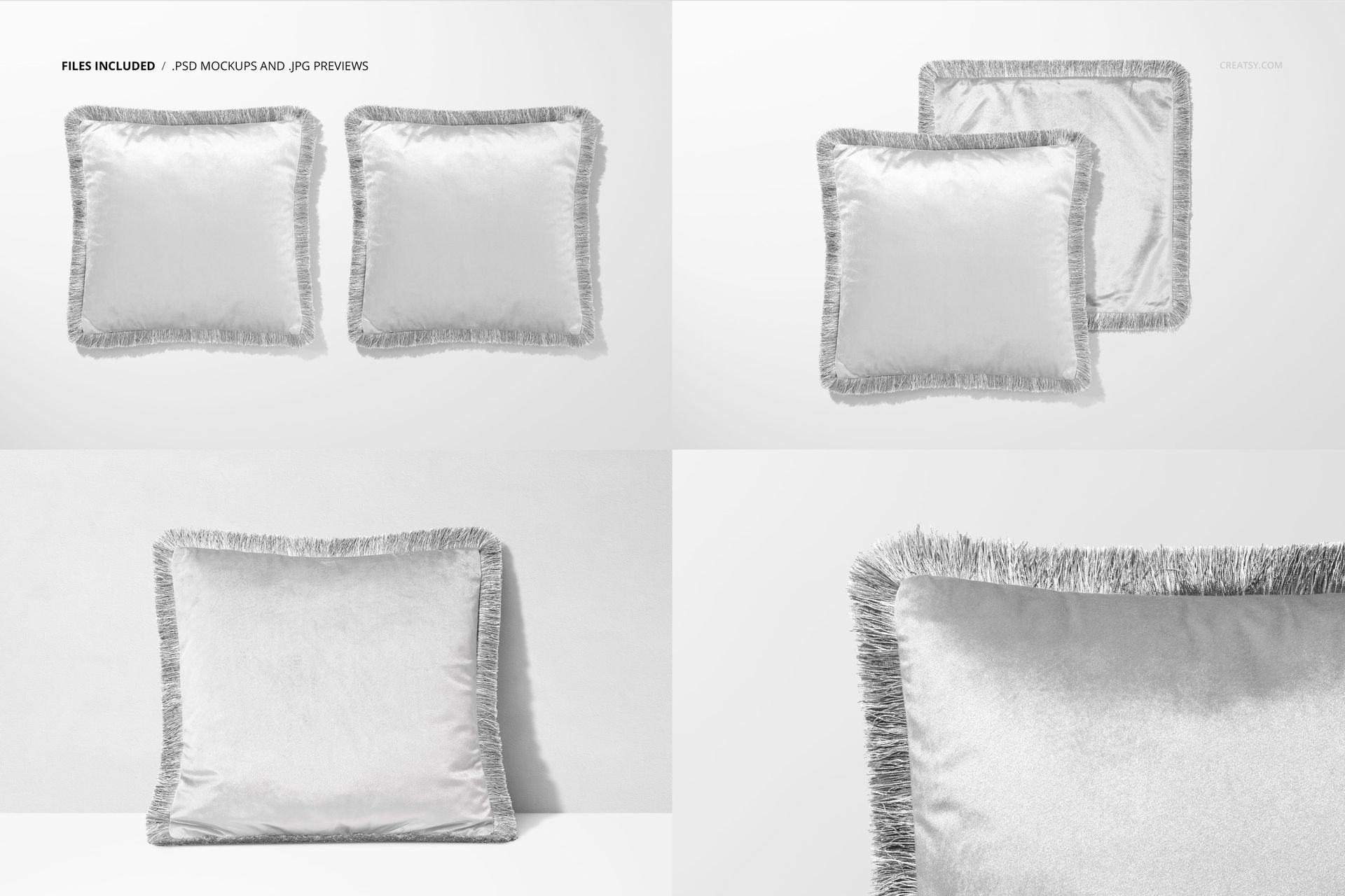 Fringed velvet cushion mockup displayed in multiple perspectives, featuring soft texture and neutral tones.
