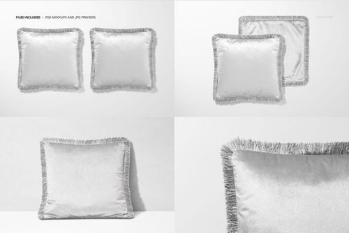 Fringed velvet cushion mockup displayed in multiple perspectives, featuring soft texture and neutral tones.