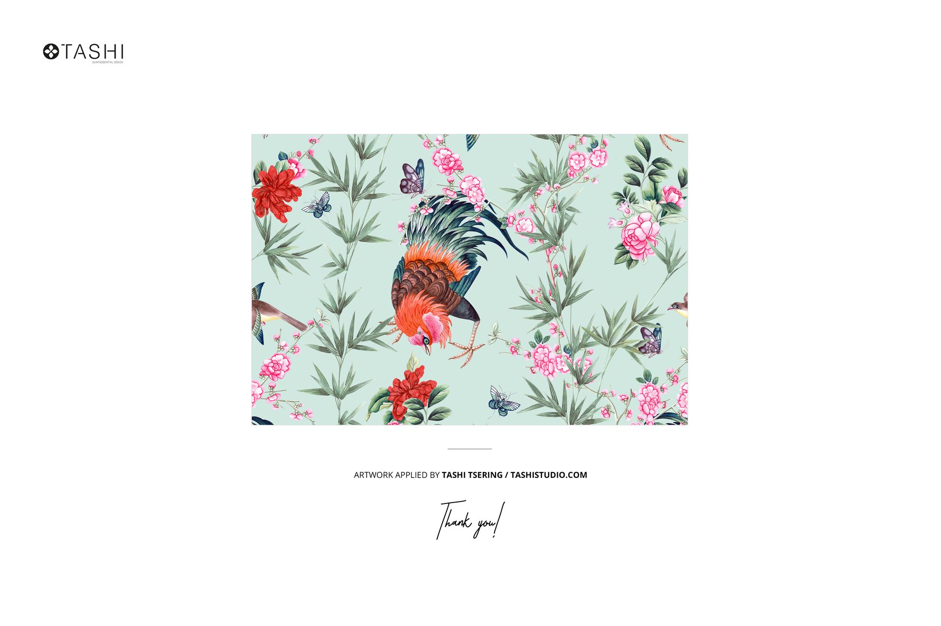 Furoshiki fabric wrap mockup featuring a rooster, floral pattern, and butterflies on a pale green surface, centered layout.