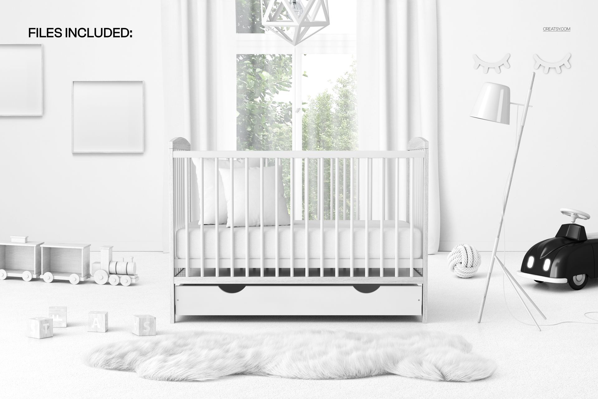 PSD mockup of a baby crib featuring bedding and storage drawer, surrounded by nursery toys and minimalist decor.