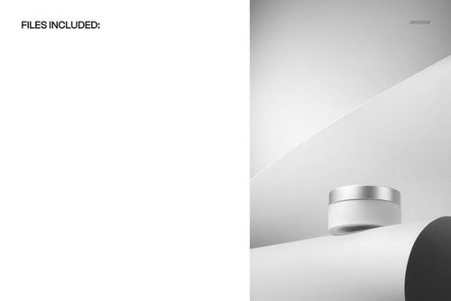 Cream glass jar with a metallic cap displayed on a rolled sheet of white paper, front angled view, cosmetics mockup.