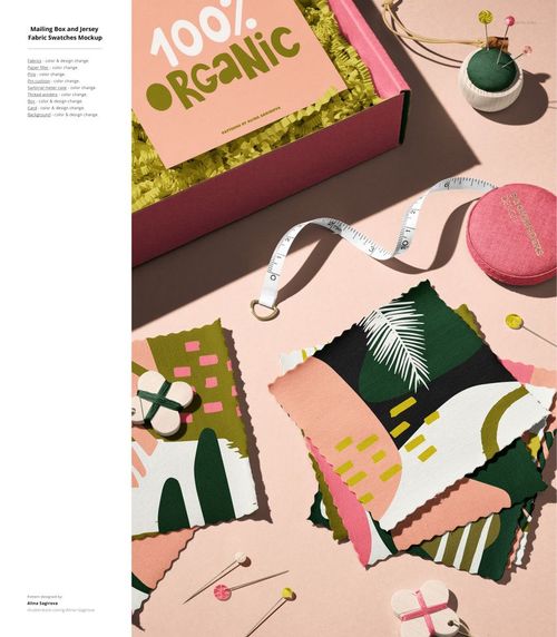 Stacked jersey fabric mockup featuring bold geometric designs, measuring tape, pins, and a pink sewing box.