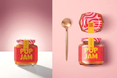 PSD mockup of jam jars with bold orange and pink designs, one jar viewed from the front and one from above.