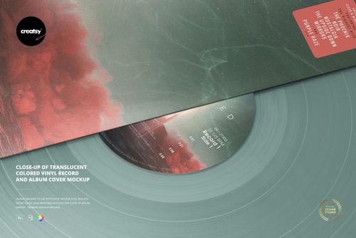 Translucent vinyl record in gray tones shown in a close-up, half-covered by a modern album sleeve mockup.