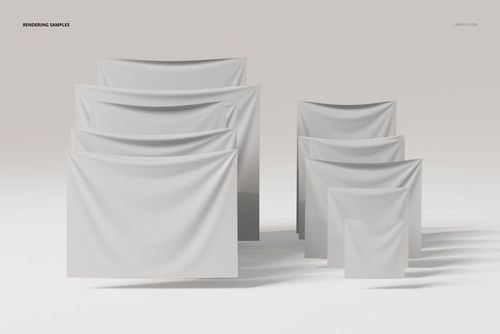 Front view of multiple blank wall tapestries in various sizes arranged on a light background, fabric texture visible.