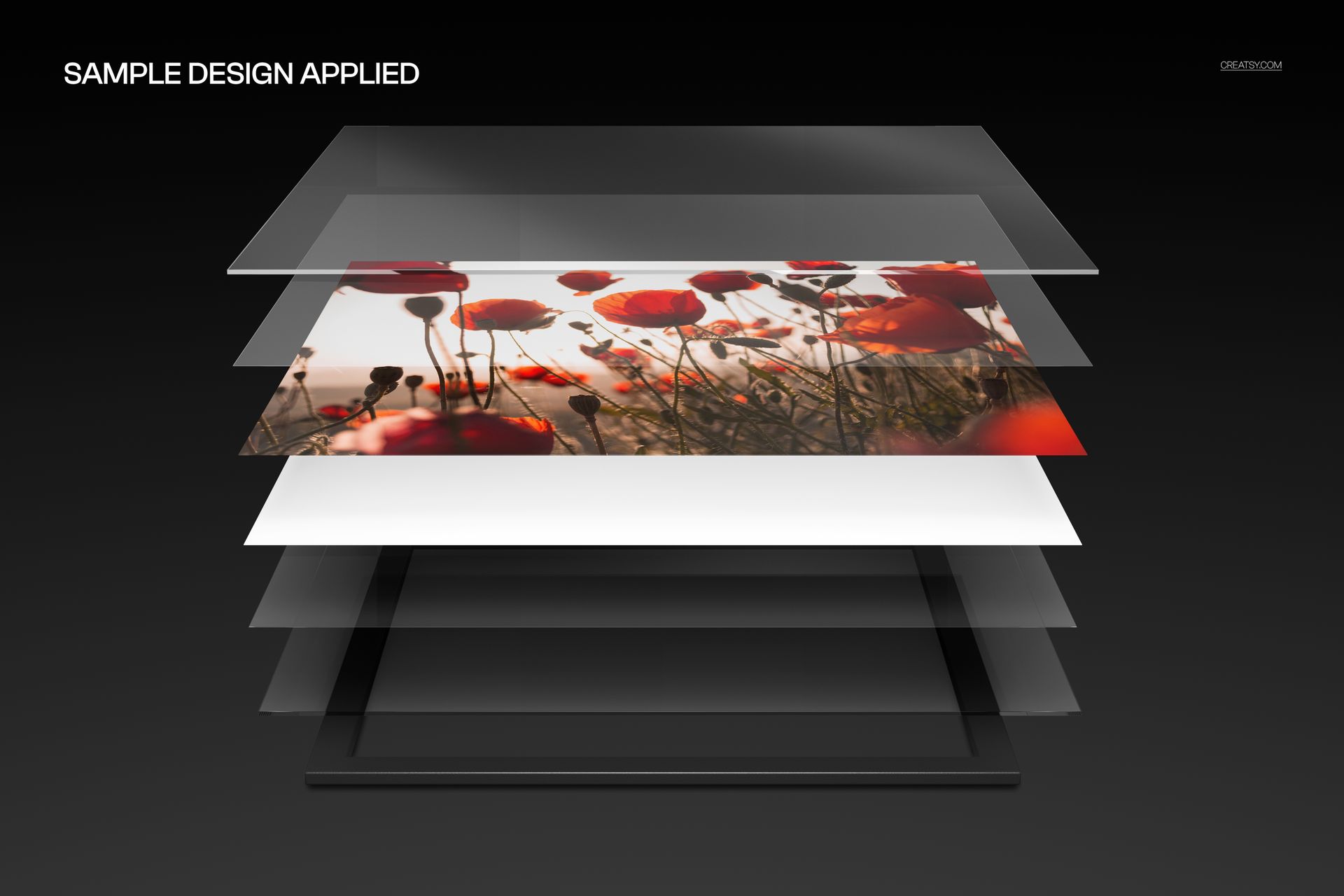 Exploded view of an acrylic photo print mockup showing layered transparent panels with a floral design on a black background.