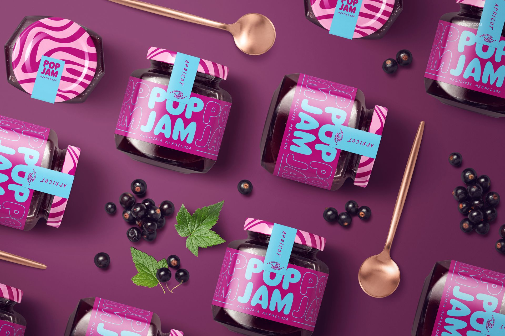 PSD mockup of blackcurrant jam jars with colorful labels, surrounded by blackcurrants and leaves on a purple background.
