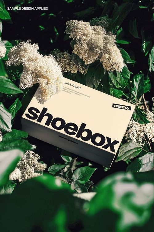 Rectangular packaging box mockup with bold black text, placed among green leaves and elderflower blossoms, front view.