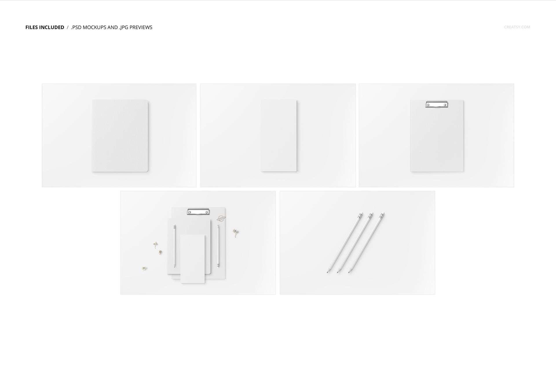 Stationery set mockup featuring blank sheets, clipboard, envelopes, and pencils arranged on a white surface.