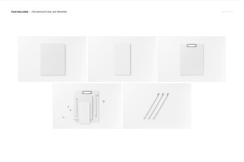 Stationery set mockup featuring blank sheets, clipboard, envelopes, and pencils arranged on a white surface.