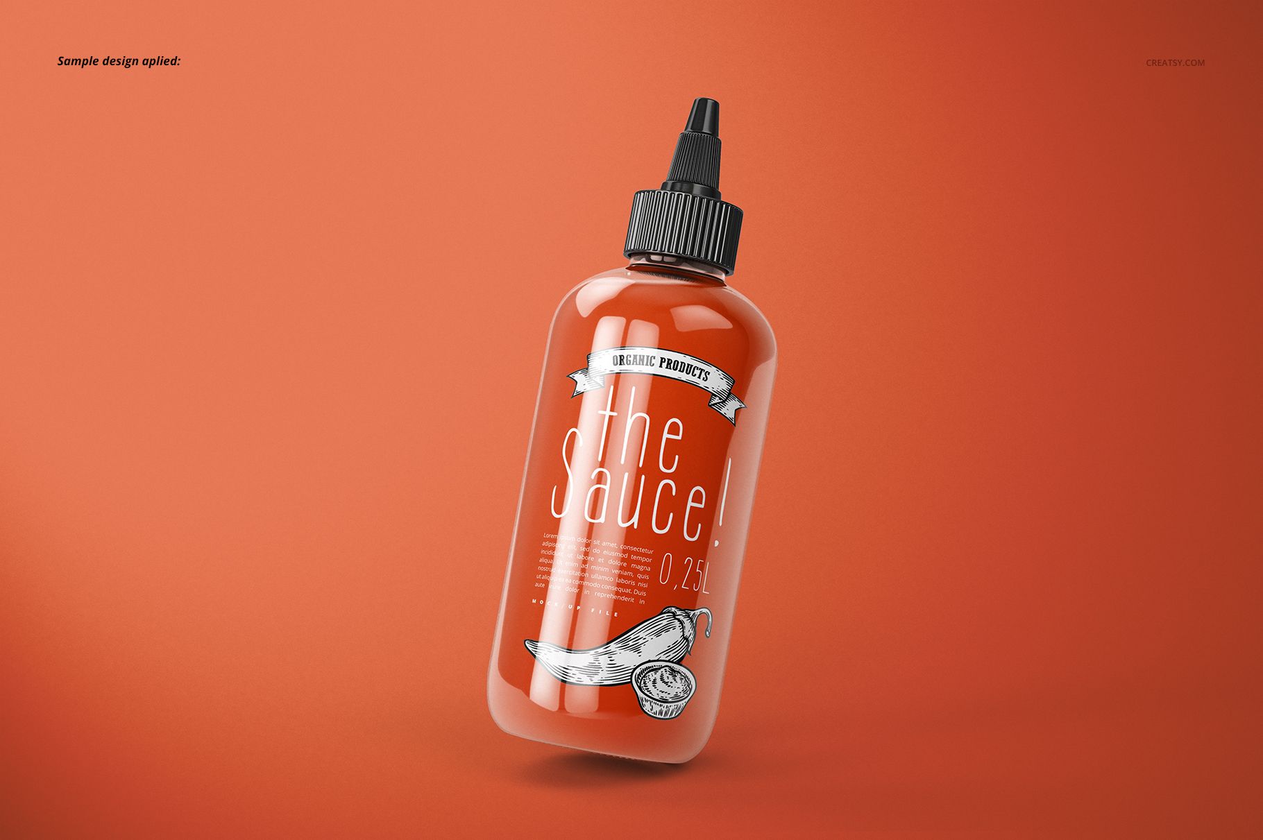 Floating sauce bottle mockup with transparent body and black nozzle cap, displayed against a solid orange backdrop.