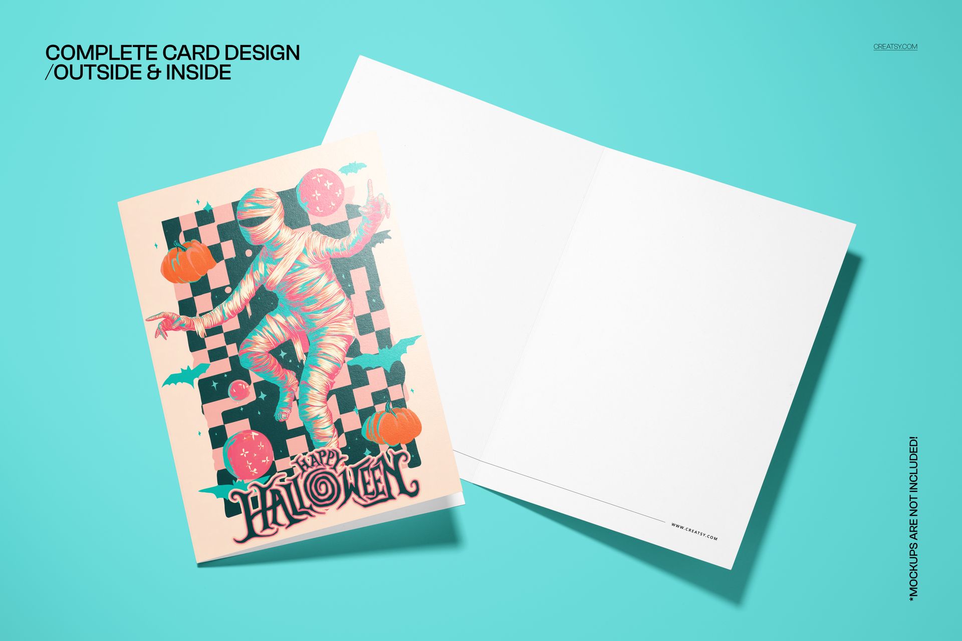 Open 5x7 card mockup with vintage Halloween design showing a funky mummy and pumpkins, placed on a blue background.