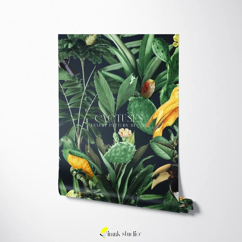 Paper wallpaper mockup featuring a botanical pattern with green cacti, tropical leaves, and yellow flowers on a dark background.