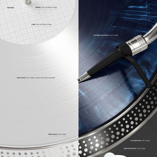 Detailed mockup of a vinyl record on a turntable, showing the Concorde cartridge and textured surface in blue hues.