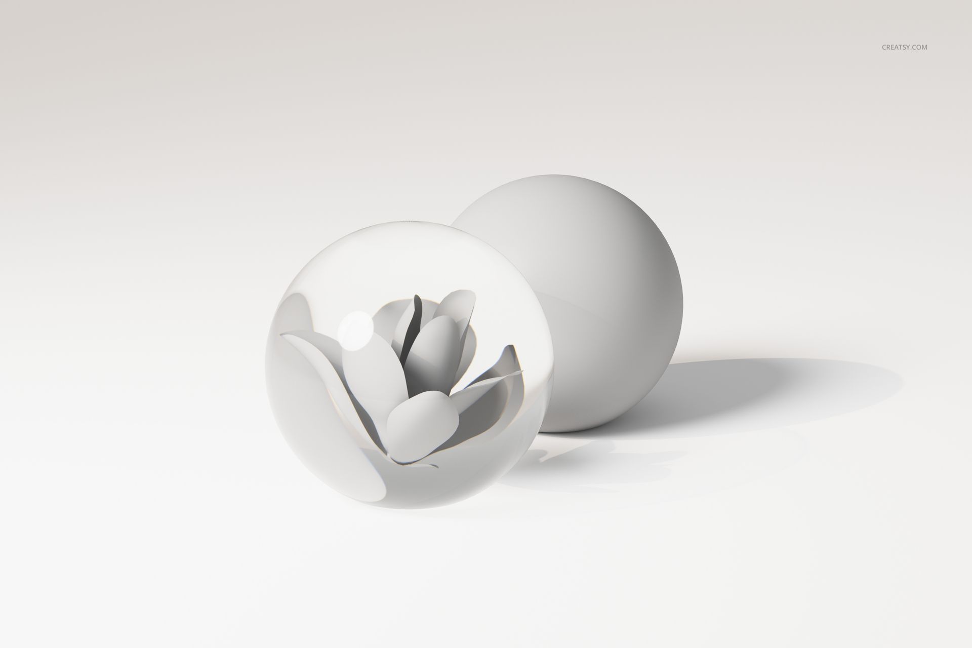 Front view of a preserved flower crystal ball 3D model with a translucent sphere displaying a stylized flower inside.